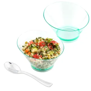 100 7 oz Round Seagreen Plastic Incline Bowls and 100 Silver Plastic 4" Mini Spoons