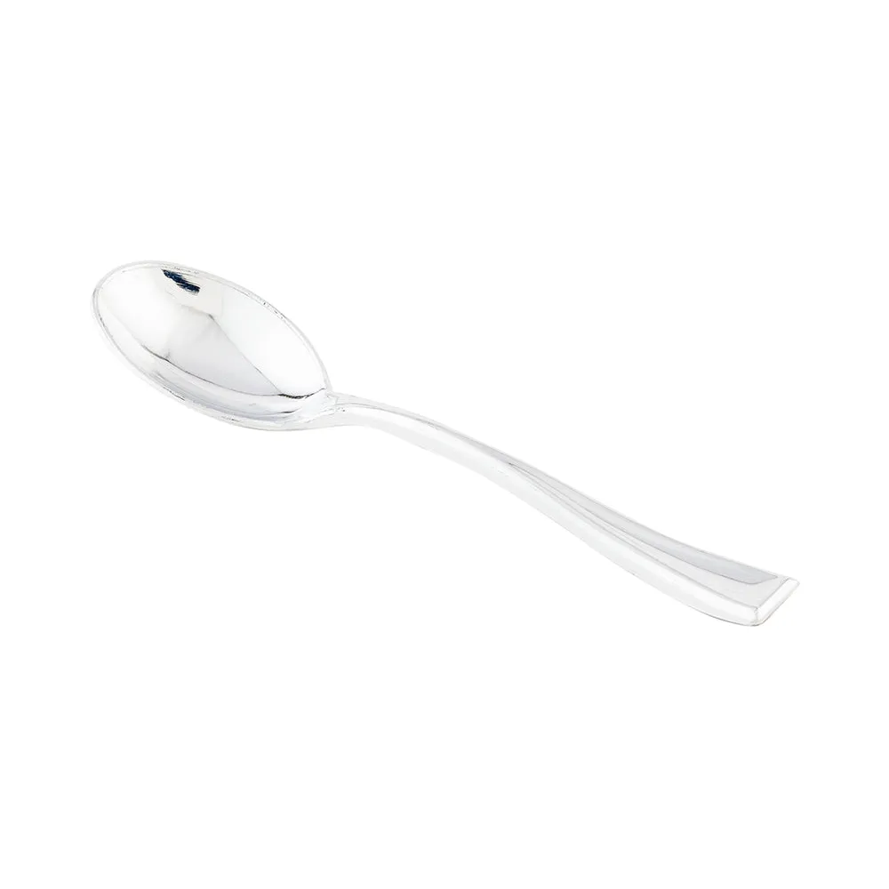 100 7 oz Round Seagreen Plastic Incline Bowls and 100 Silver Plastic 4" Mini Spoons