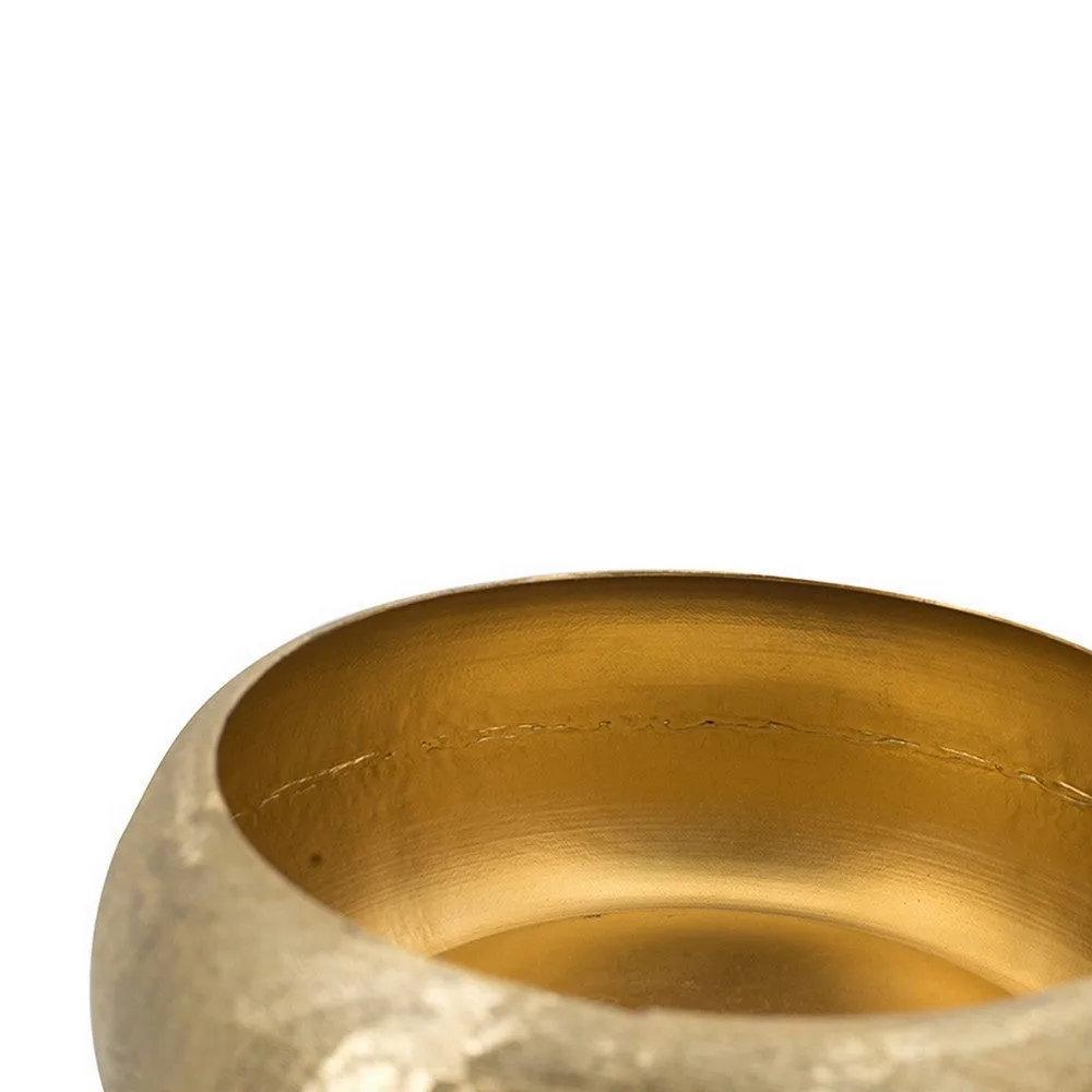 2 Piece Rounded Decorative Bowls, Gold Metal Hammered Texture, Wide Ingress By Casagear Home