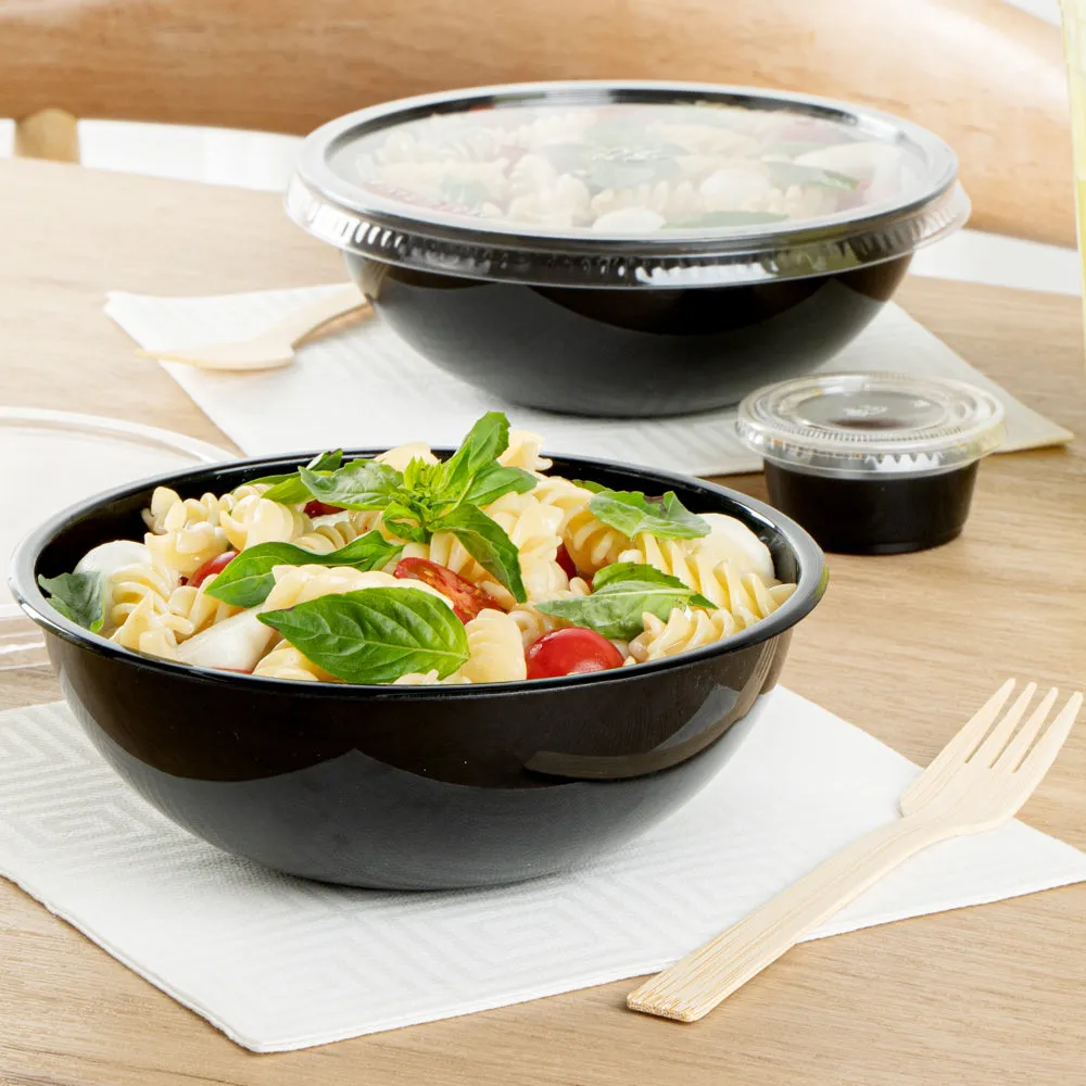 21 oz Round Black Plastic Salad Bowl - 6 3/4" x 6 3/4" x 2 1/2" - 200 count box
