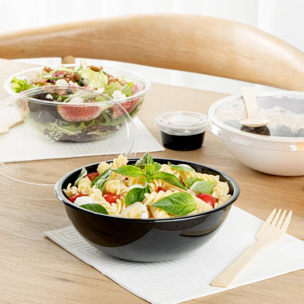 21 oz Round Black Plastic Salad Bowl - 6 3/4" x 6 3/4" x 2 1/2" - 200 count box