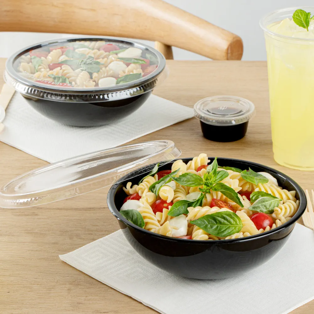 21 oz Round Black Plastic Salad Bowl - 6 3/4" x 6 3/4" x 2 1/2" - 200 count box