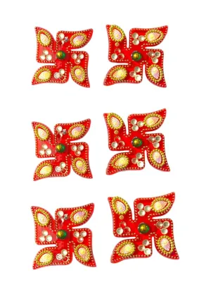 Acrylic Multicolor Stone Studded Pair of Small Swastik and Laxmi Feet Sticker for Floor Decoration Pack of 3