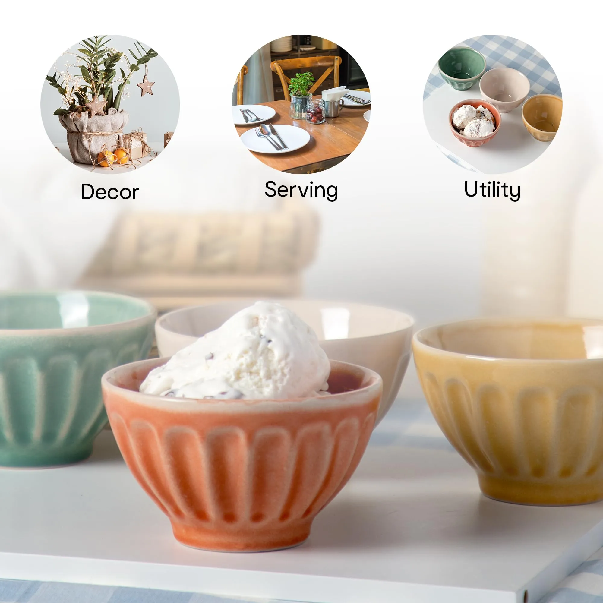 Anko Hand Glazed Icecream Bowls - Set of 4 | Stoneware Embossed Oven Safe Dessert Cup for Serving Sundaes, Sweets, Snacks, Fruits, Pudding, Nuts or Dip| 7.5 (H) x 13cm (Dia) | Pink, Brown, Green, Red