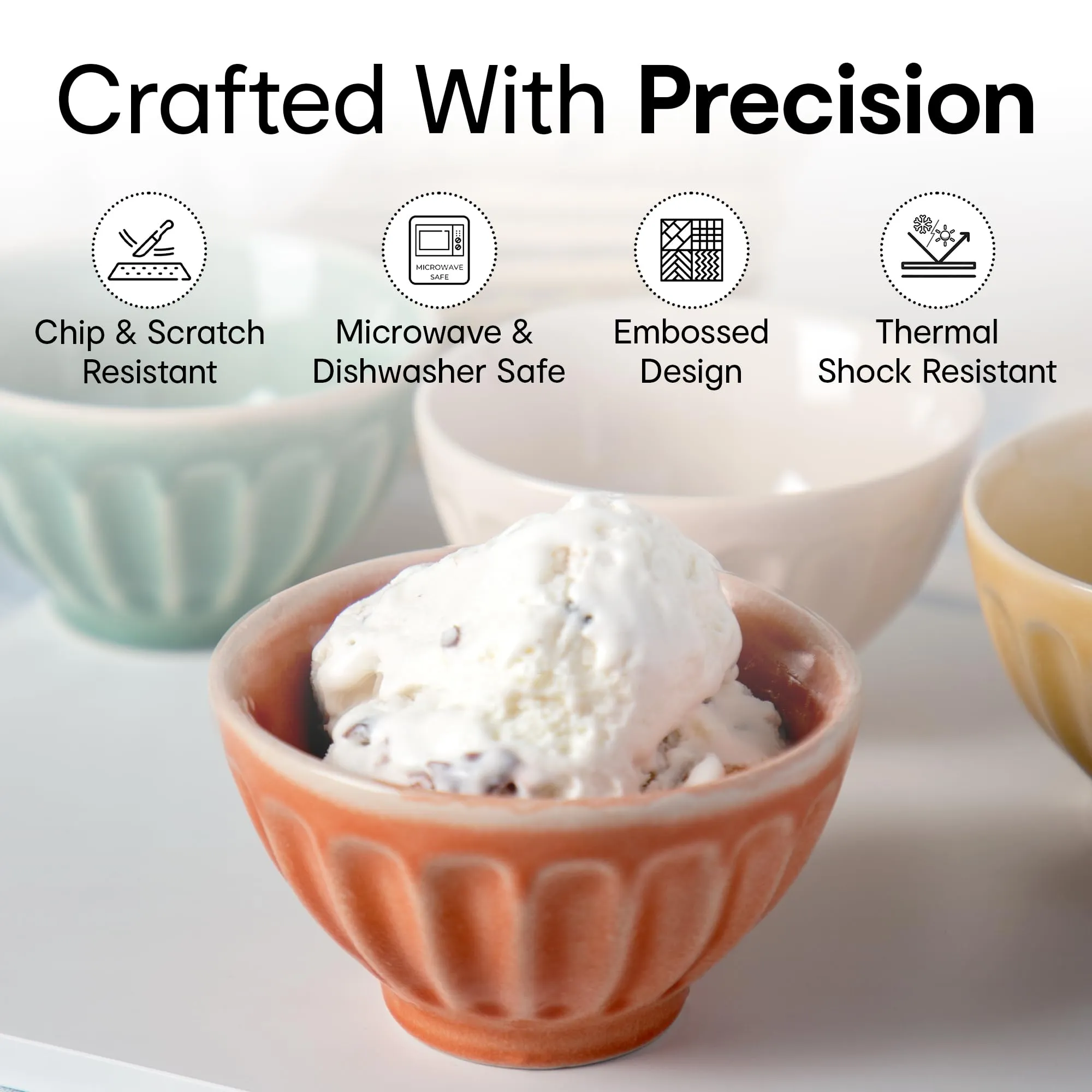 Anko Hand Glazed Icecream Bowls - Set of 4 | Stoneware Embossed Oven Safe Dessert Cup for Serving Sundaes, Sweets, Snacks, Fruits, Pudding, Nuts or Dip| 7.5 (H) x 13cm (Dia) | Pink, Brown, Green, Red