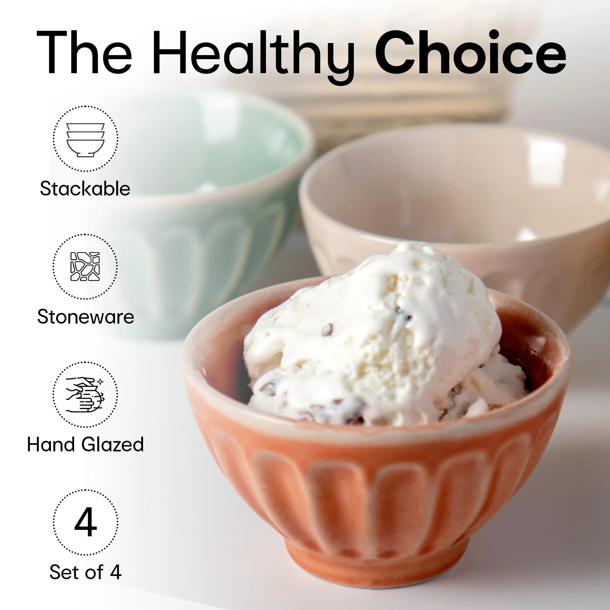 Anko Hand Glazed Icecream Bowls - Set of 4 | Stoneware Embossed Oven Safe Dessert Cup for Serving Sundaes, Sweets, Snacks, Fruits, Pudding, Nuts or Dip| 7.5 (H) x 13cm (Dia) | Pink, Brown, Green, Red