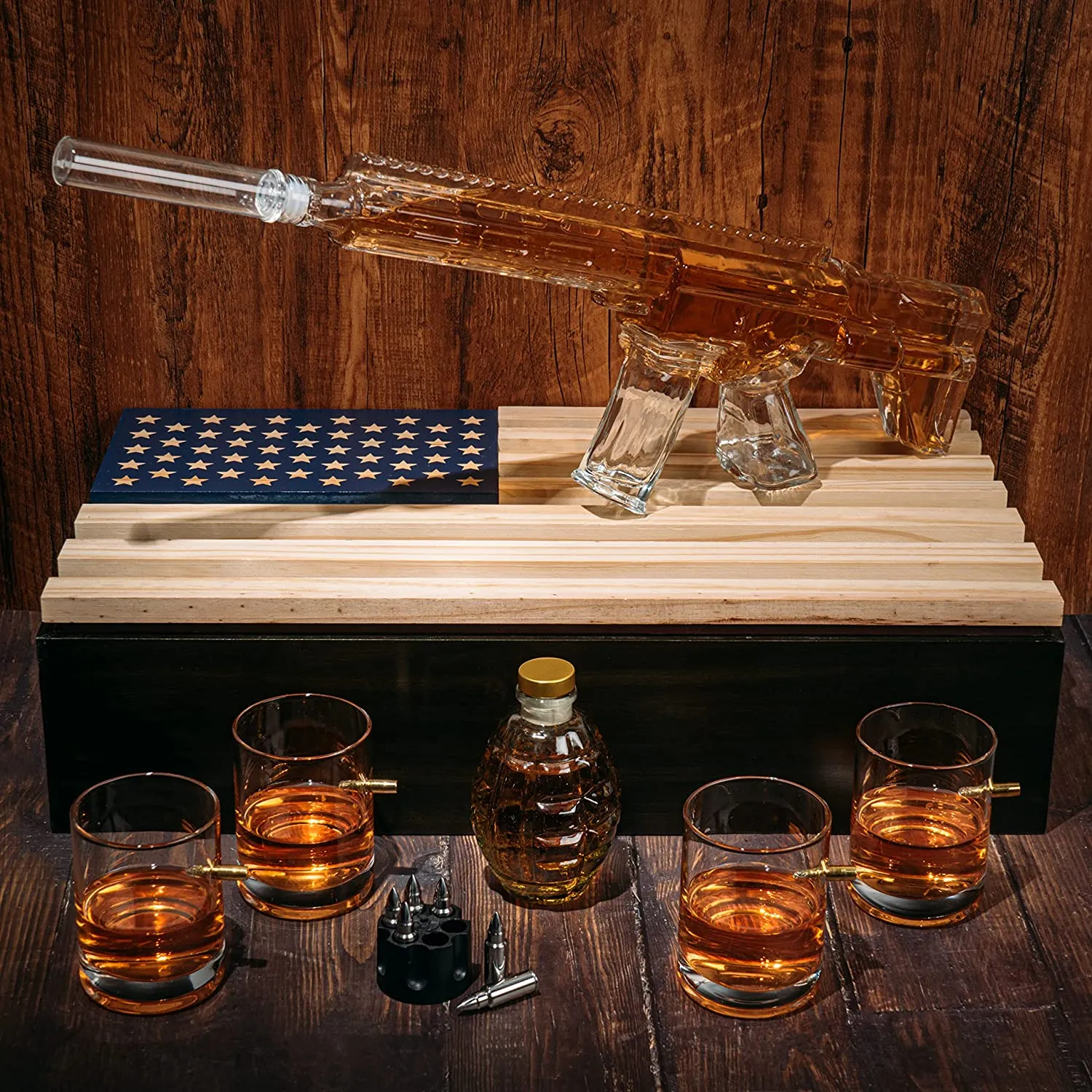 AR15 Whiskey Gun Decanter set- 1000 ml Set With American Flag Gift Box, & 4 12oz Bullet Glasses, Whiskey Revolver Bullet Chillers, Small Grenade Decanter Drinking Party Accessory by The Wine Savant