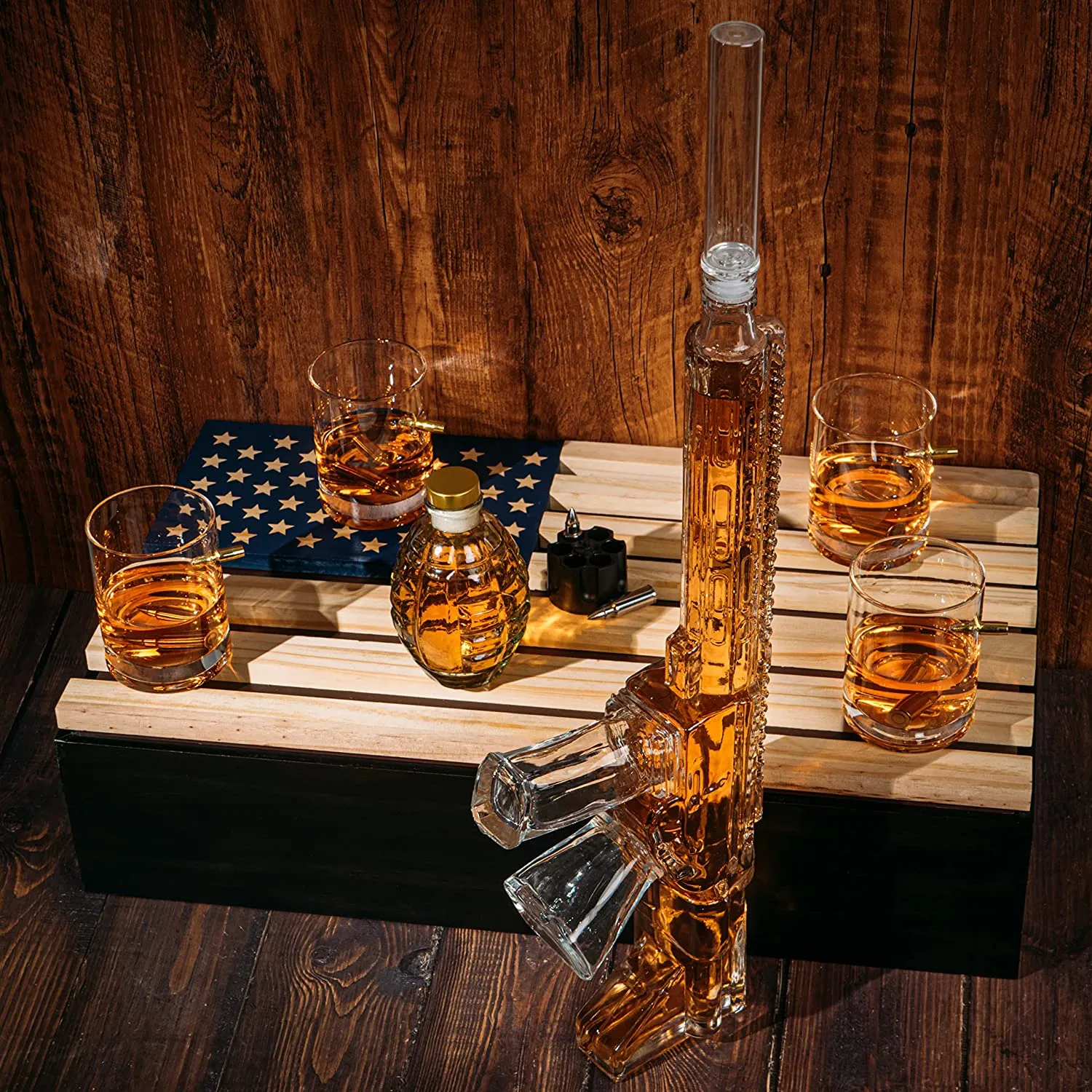 AR15 Whiskey Gun Decanter set- 1000 ml Set With American Flag Gift Box, & 4 12oz Bullet Glasses, Whiskey Revolver Bullet Chillers, Small Grenade Decanter Drinking Party Accessory by The Wine Savant