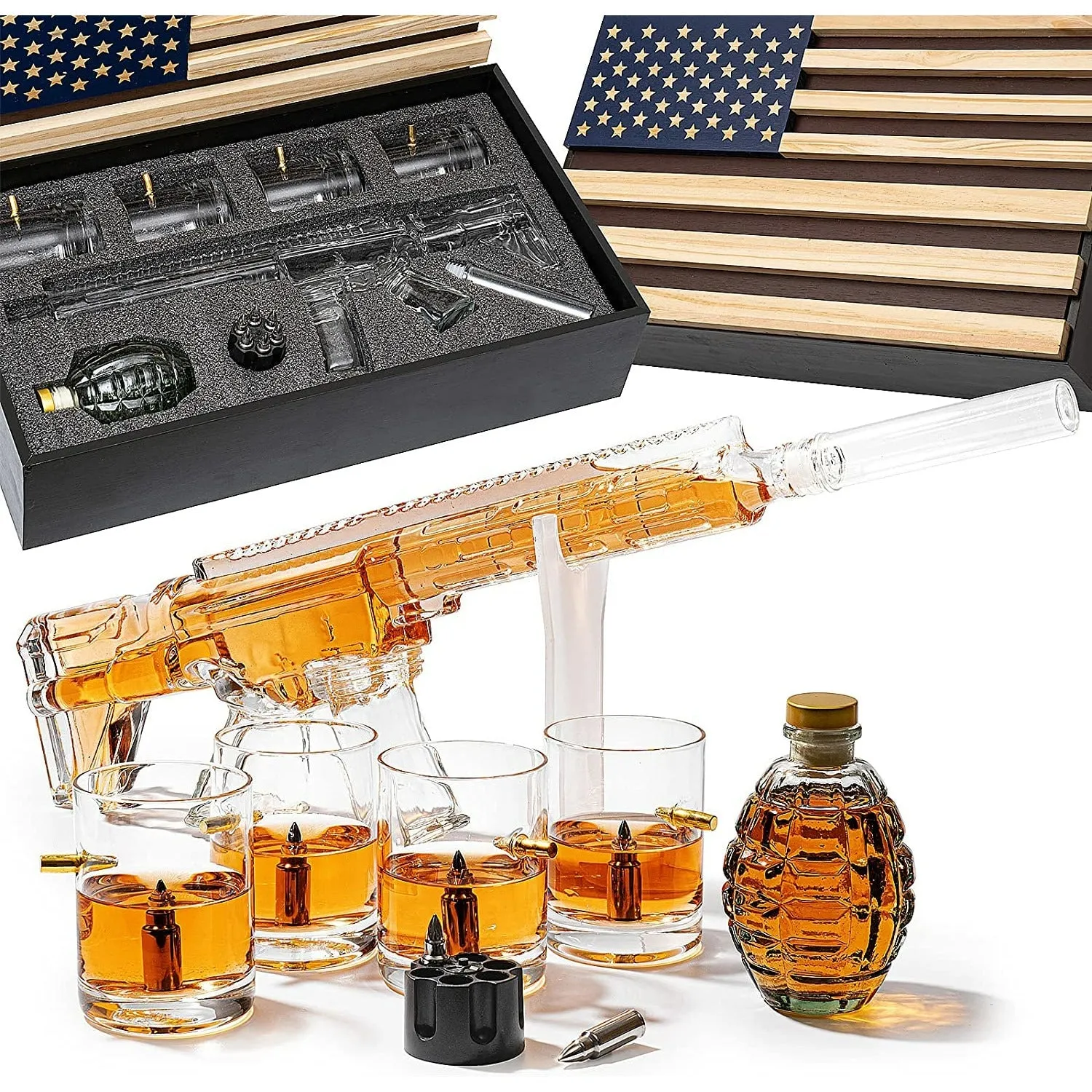 AR15 Whiskey Gun Decanter set- 1000 ml Set With American Flag Gift Box, & 4 12oz Bullet Glasses, Whiskey Revolver Bullet Chillers, Small Grenade Decanter Drinking Party Accessory by The Wine Savant