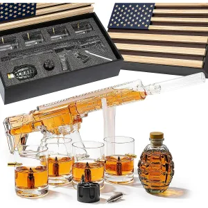 AR15 Whiskey Gun Decanter set- 1000 ml Set With American Flag Gift Box, & 4 12oz Bullet Glasses, Whiskey Revolver Bullet Chillers, Small Grenade Decanter Drinking Party Accessory by The Wine Savant