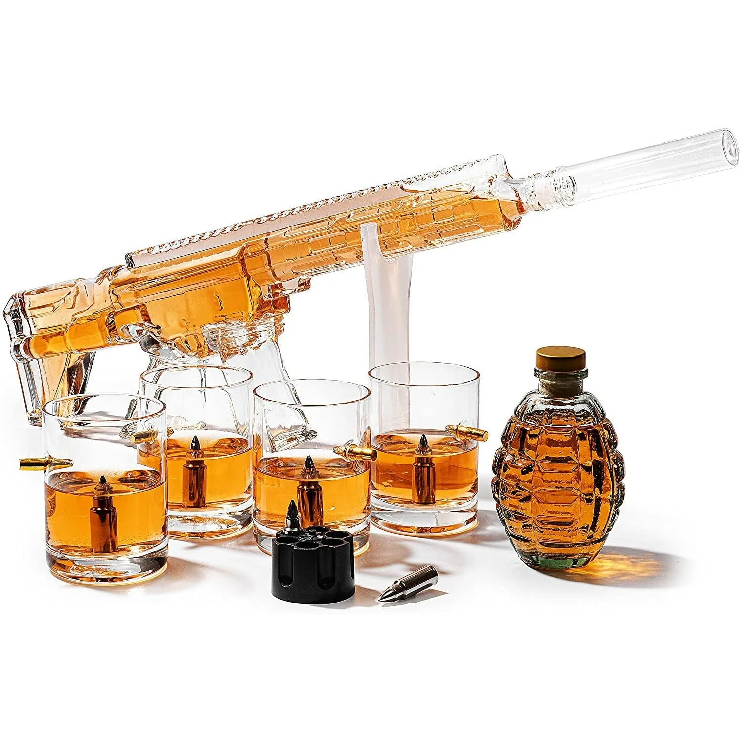AR15 Whiskey Gun Decanter set- 1000 ml Set With American Flag Gift Box, & 4 12oz Bullet Glasses, Whiskey Revolver Bullet Chillers, Small Grenade Decanter Drinking Party Accessory by The Wine Savant