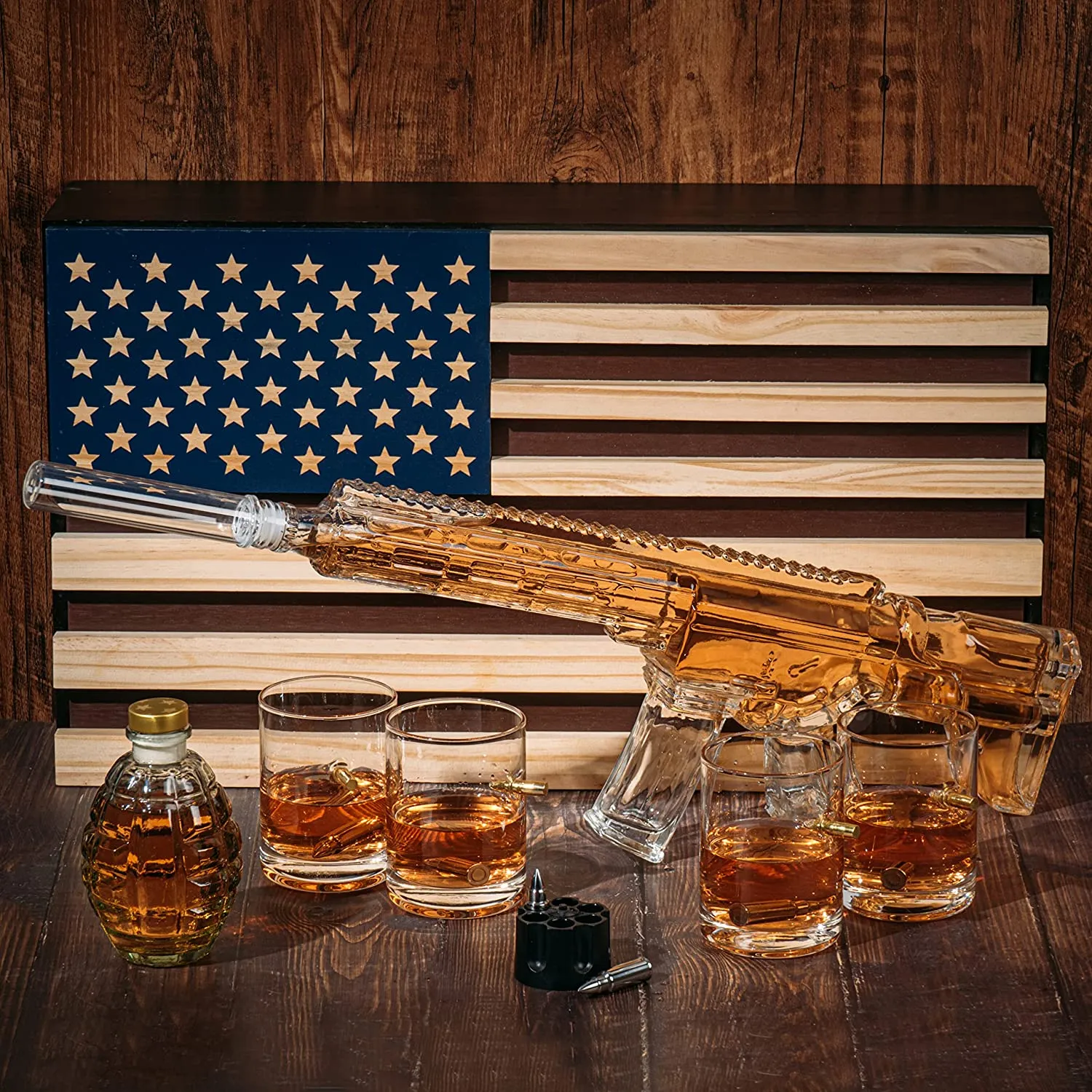 AR15 Whiskey Gun Decanter set- 1000 ml Set With American Flag Gift Box, & 4 12oz Bullet Glasses, Whiskey Revolver Bullet Chillers, Small Grenade Decanter Drinking Party Accessory by The Wine Savant