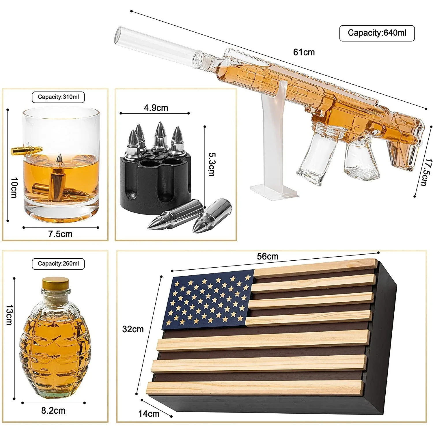 AR15 Whiskey Gun Decanter set- 1000 ml Set With American Flag Gift Box, & 4 12oz Bullet Glasses, Whiskey Revolver Bullet Chillers, Small Grenade Decanter Drinking Party Accessory by The Wine Savant