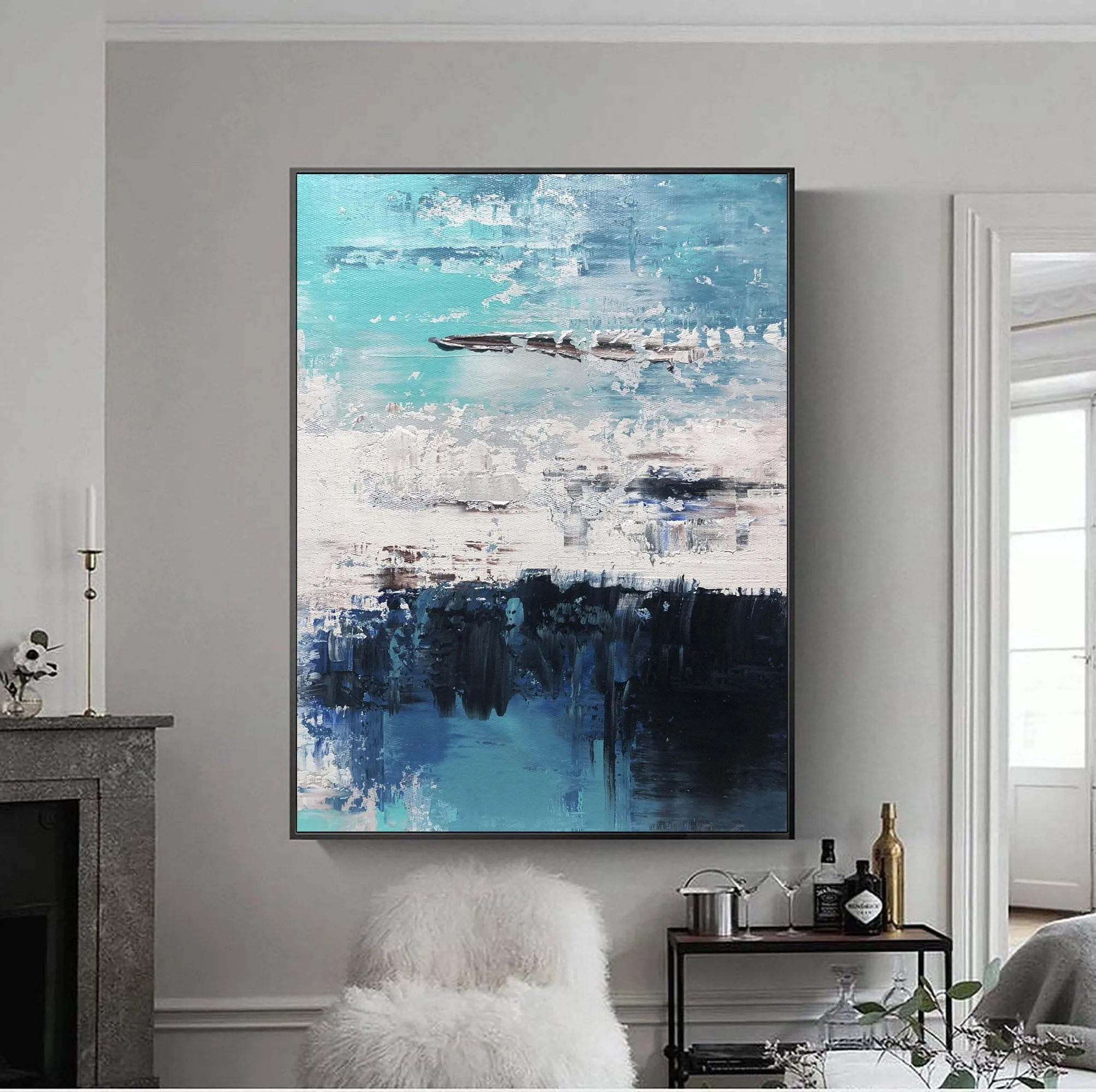 Blue Abstract Art Canvas Grey Wall Painting Cp024