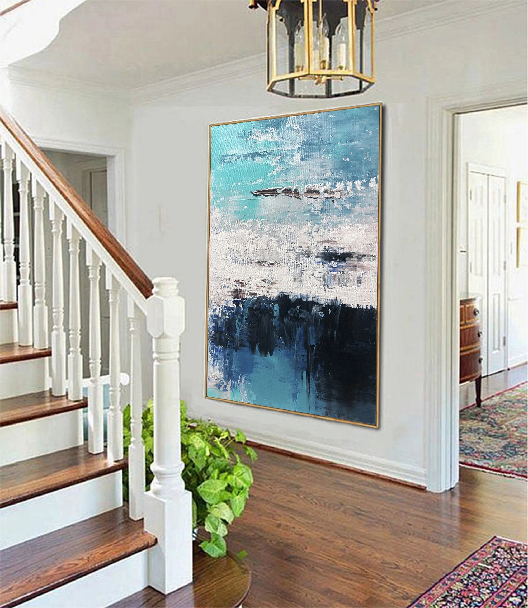 Blue Abstract Art Canvas Grey Wall Painting Cp024