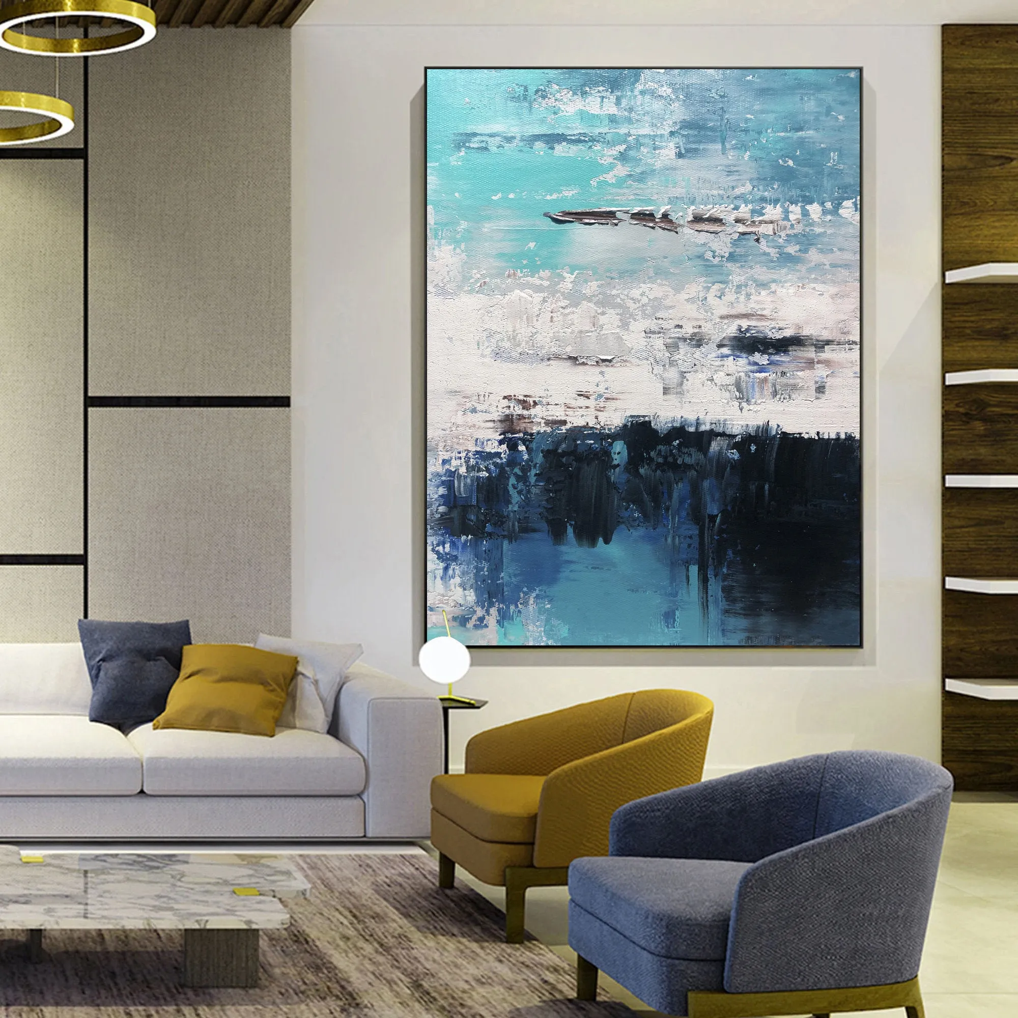 Blue Abstract Art Canvas Grey Wall Painting Cp024