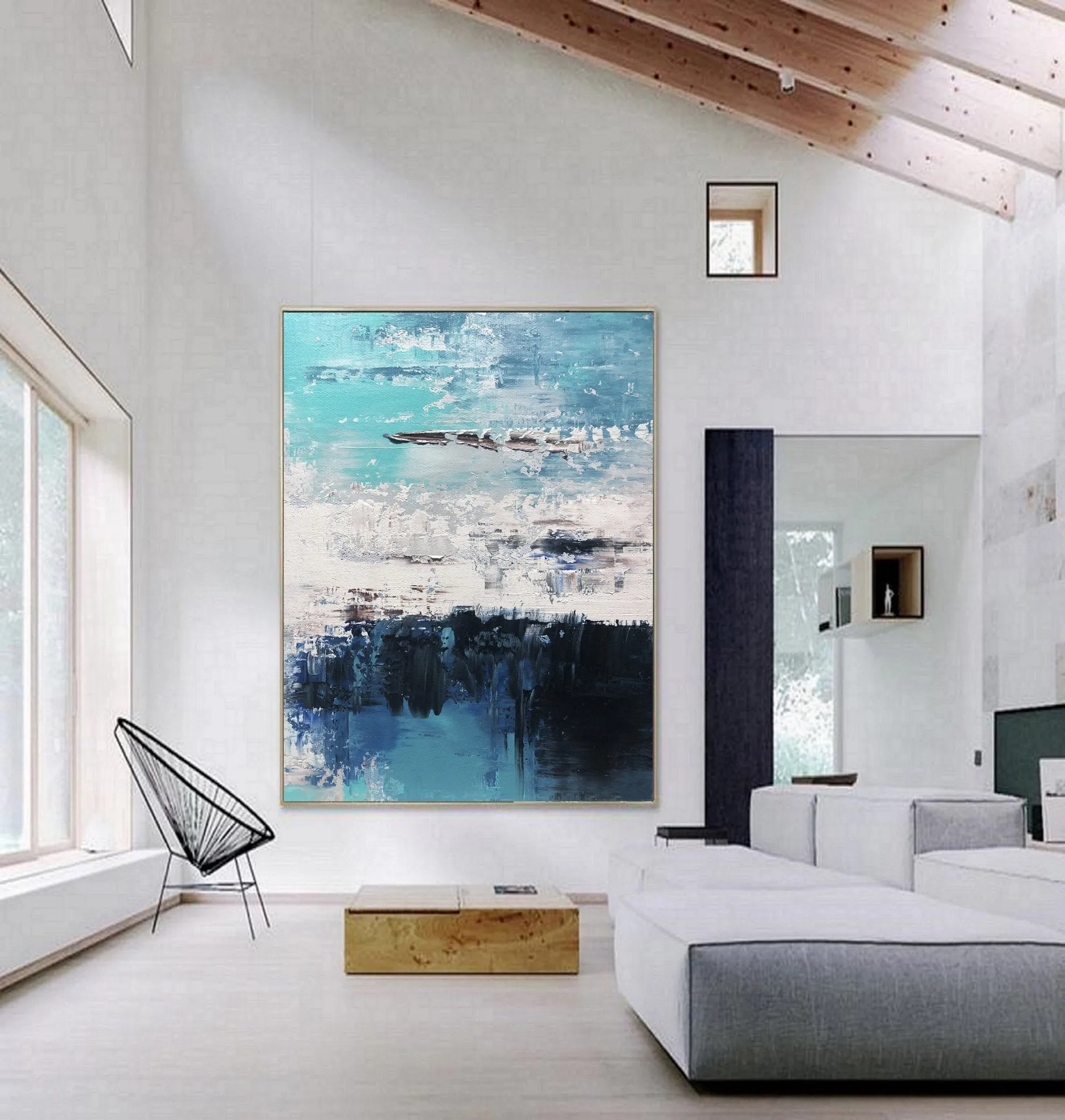 Blue Abstract Art Canvas Grey Wall Painting Cp024