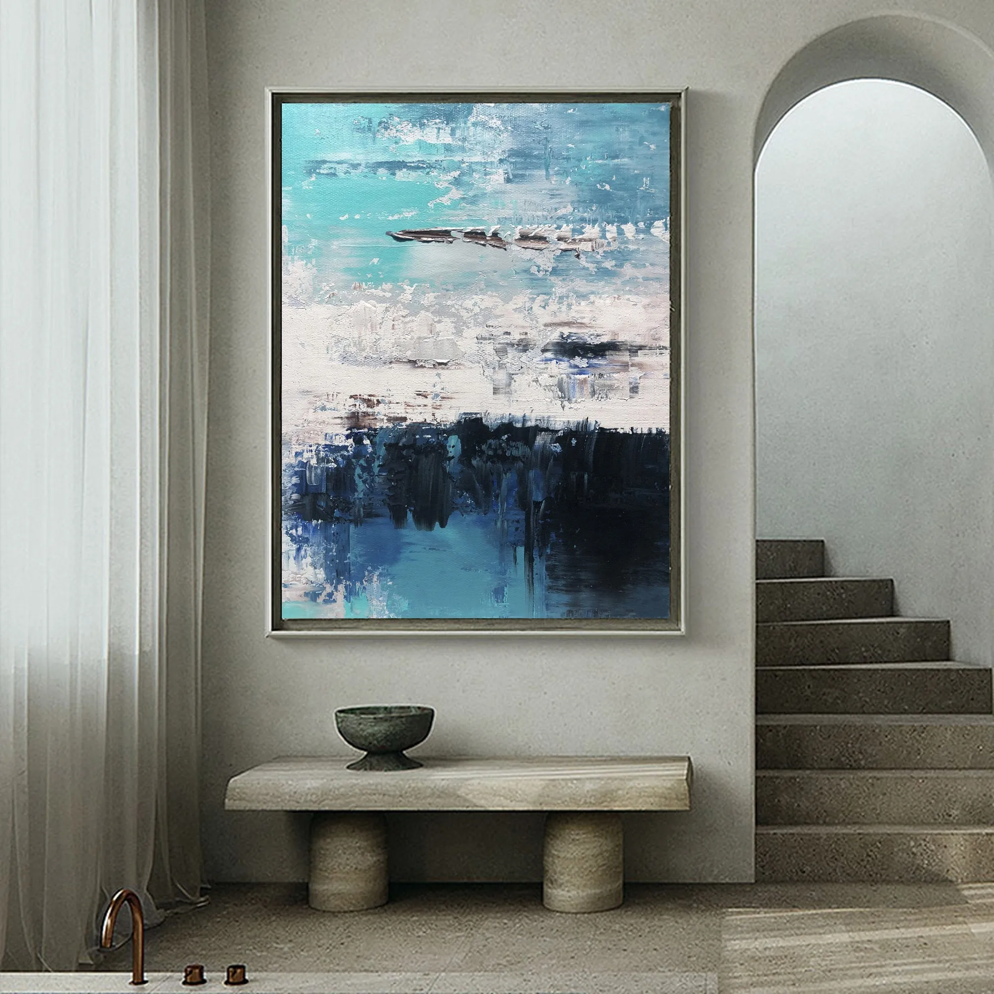 Blue Abstract Art Canvas Grey Wall Painting Cp024
