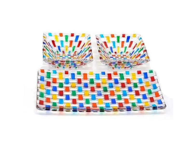 Bossanova Glass Tray with Two Square Bowls, Hand Painted Crystal, Made in Italy