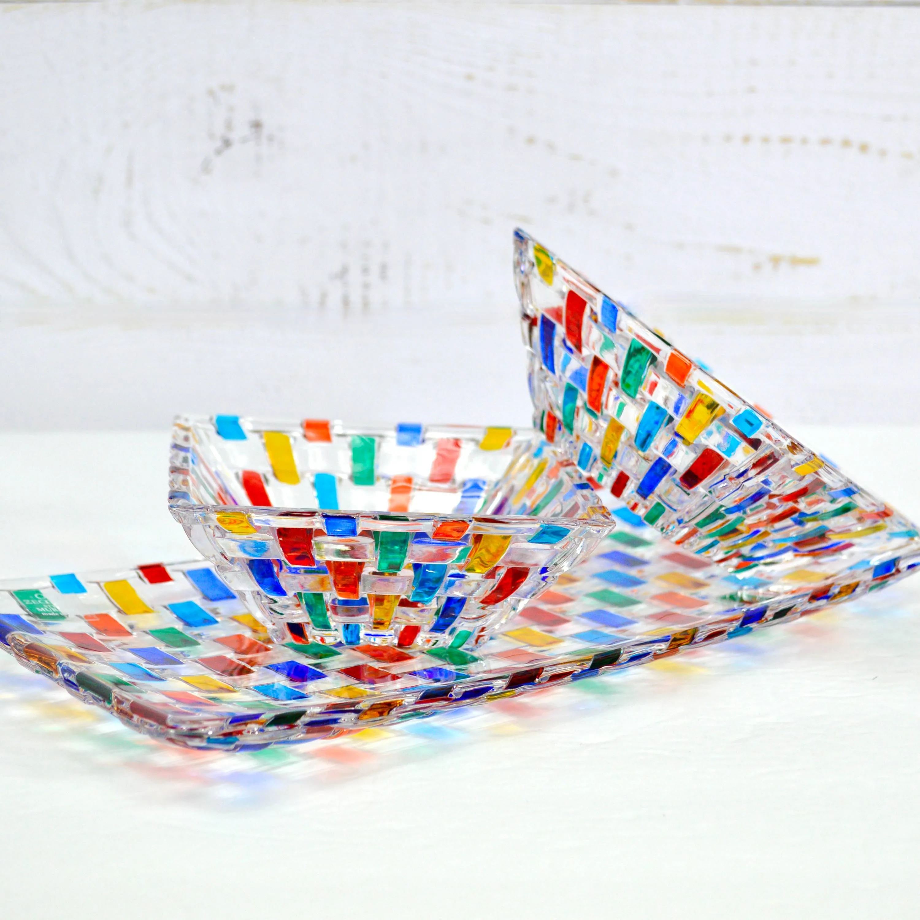 Bossanova Glass Tray with Two Square Bowls, Hand Painted Crystal, Made in Italy