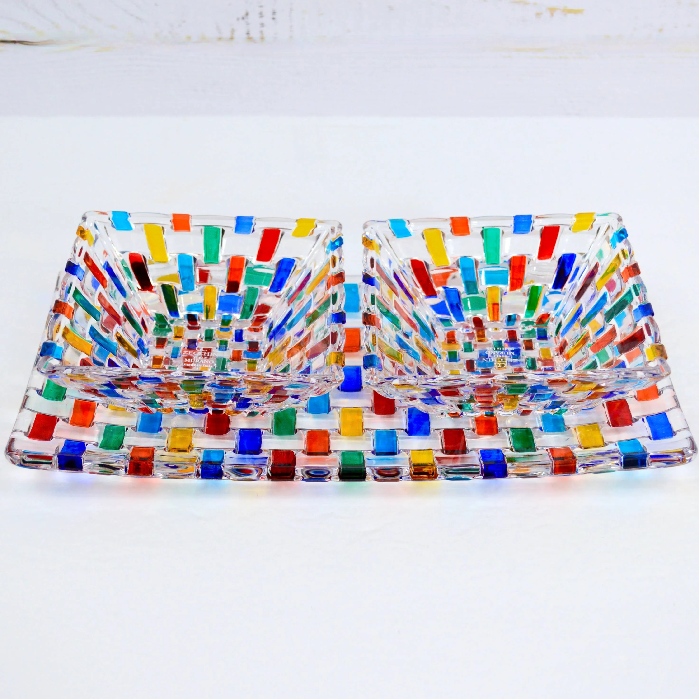 Bossanova Glass Tray with Two Square Bowls, Hand Painted Crystal, Made in Italy