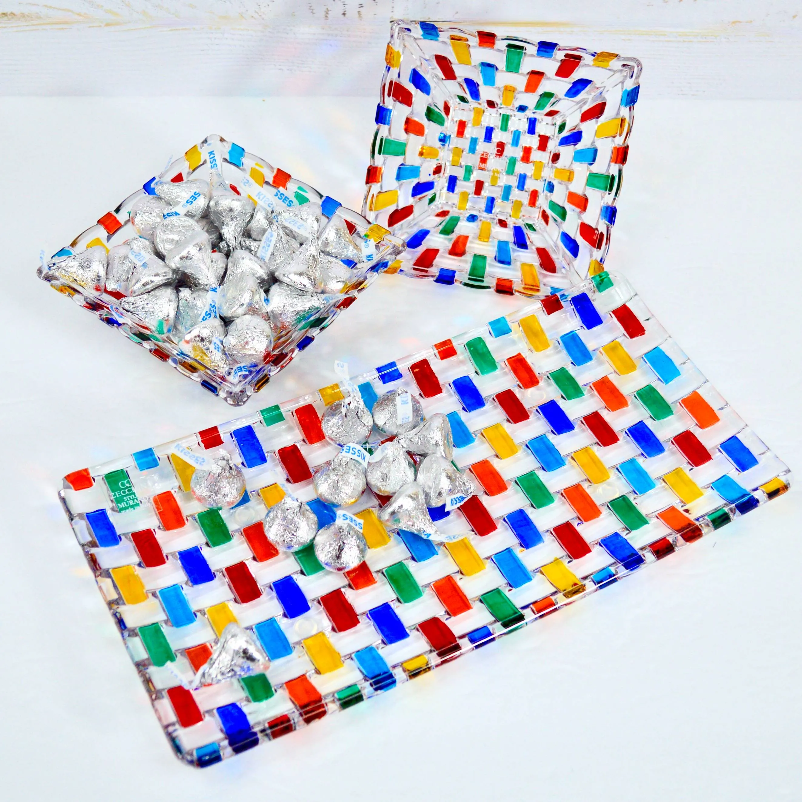Bossanova Glass Tray with Two Square Bowls, Hand Painted Crystal, Made in Italy