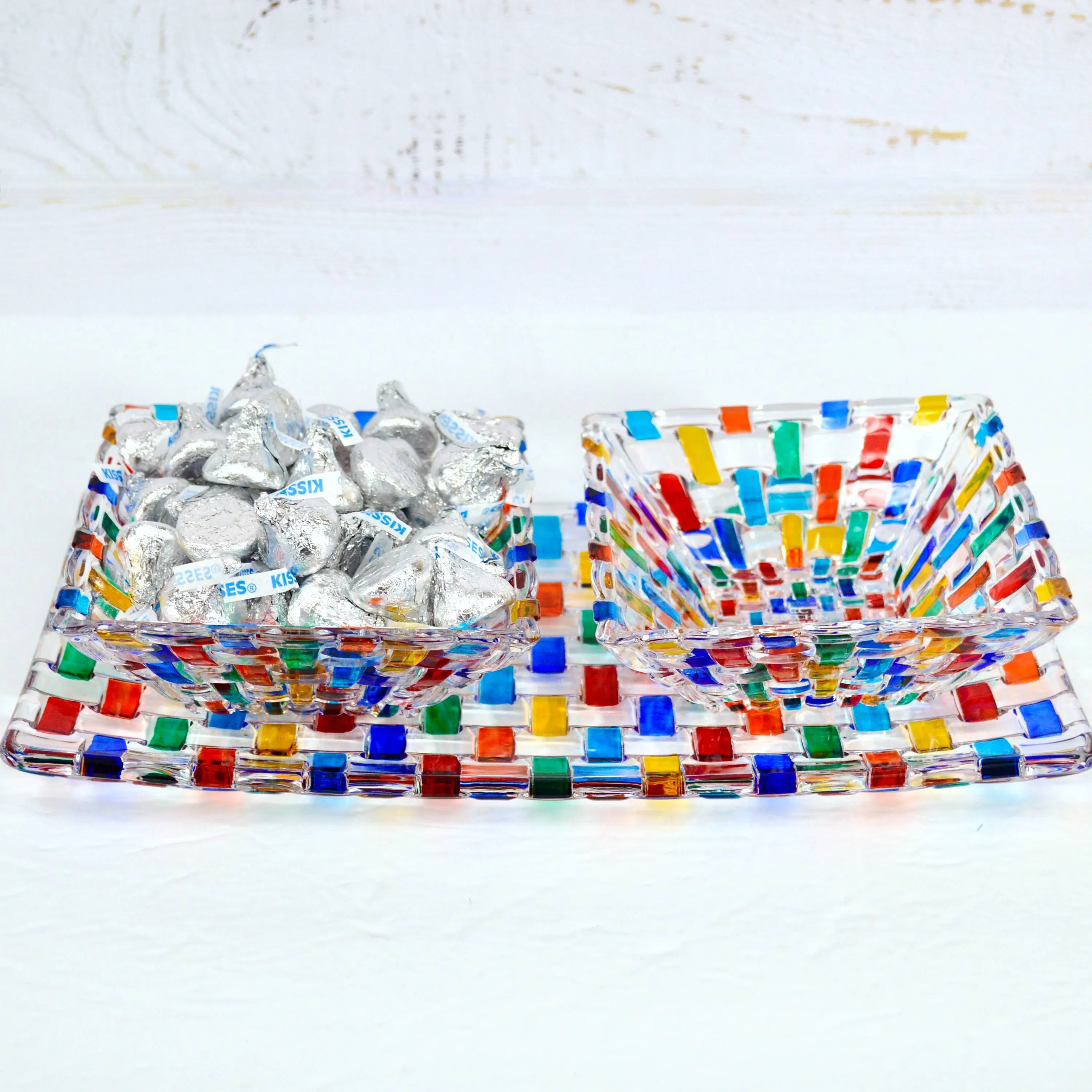 Bossanova Glass Tray with Two Square Bowls, Hand Painted Crystal, Made in Italy