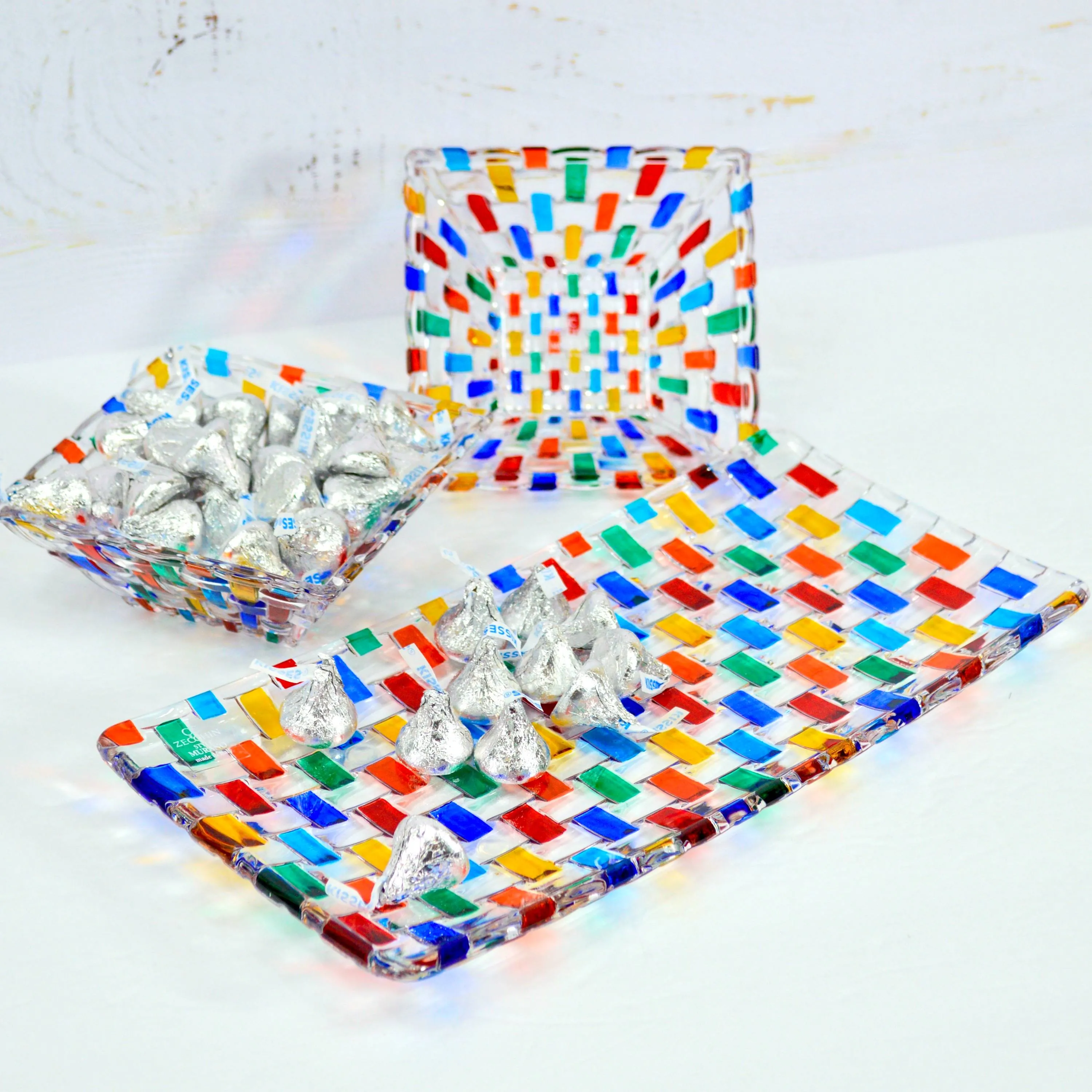 Bossanova Glass Tray with Two Square Bowls, Hand Painted Crystal, Made in Italy