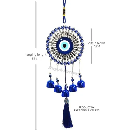 Buyab Factory® 5 Bells Evil Eye Wind Chime Charm for Good Luck Positive Vibes and Prosperity at Home/Office/Work Place Nazar Battu Lucky Hanging Home Décor (Silver and Blue)