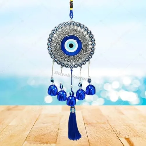 Buyab Factory® 5 Bells Evil Eye Wind Chime Charm for Good Luck Positive Vibes and Prosperity at Home/Office/Work Place Nazar Battu Lucky Hanging Home Décor (Silver and Blue)