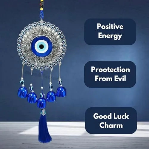 Buyab Factory® 5 Bells Evil Eye Wind Chime Charm for Good Luck Positive Vibes and Prosperity at Home/Office/Work Place Nazar Battu Lucky Hanging Home Décor (Silver and Blue)