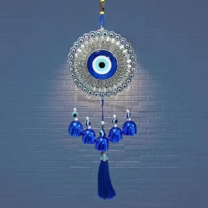 Buyab Factory® 5 Bells Evil Eye Wind Chime Charm for Good Luck Positive Vibes and Prosperity at Home/Office/Work Place Nazar Battu Lucky Hanging Home Décor (Silver and Blue)