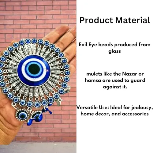 Buyab Factory® 5 Bells Evil Eye Wind Chime Charm for Good Luck Positive Vibes and Prosperity at Home/Office/Work Place Nazar Battu Lucky Hanging Home Décor (Silver and Blue)