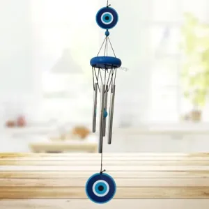 Buyab Factory® Evil Eye Wind Chimes for Home Decoration Items (29 inch) | Wall Hanging for Balcony, Living Room, Garden | Evil Eye Hanging for Brings Positive Vibes, Protection (Silver and Blue)