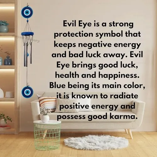 Buyab Factory® Evil Eye Wind Chimes for Home Decoration Items (29 inch) | Wall Hanging for Balcony, Living Room, Garden | Evil Eye Hanging for Brings Positive Vibes, Protection (Silver and Blue)