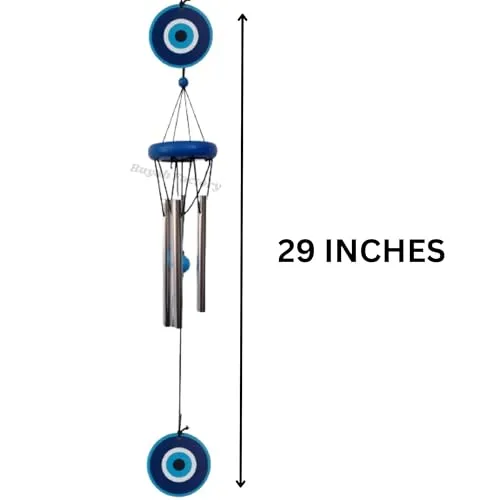 Buyab Factory® Evil Eye Wind Chimes for Home Decoration Items (29 inch) | Wall Hanging for Balcony, Living Room, Garden | Evil Eye Hanging for Brings Positive Vibes, Protection (Silver and Blue)