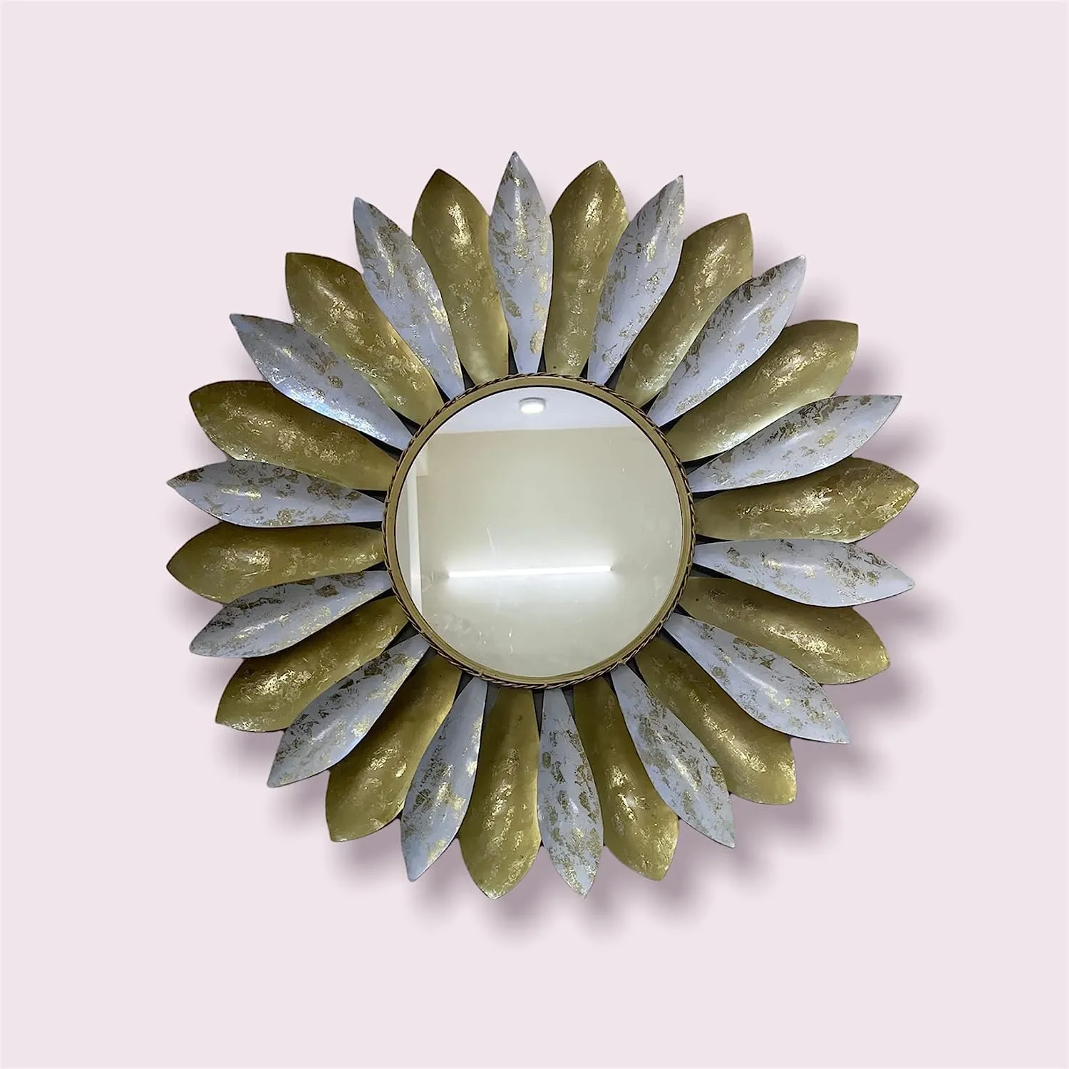 Ck Homez Metal Decorative Mirror Wall Mounted Hanging Mirror Sculpture Metal Flower Design Modern Art Mirror for Home Decor (White and Golden 34x34x2 Inch)