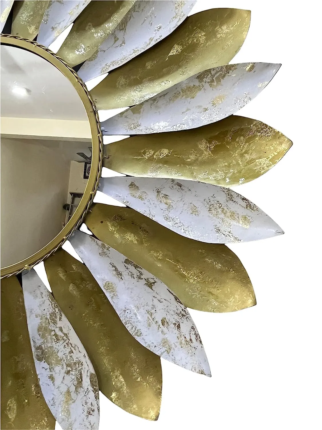 Ck Homez Metal Decorative Mirror Wall Mounted Hanging Mirror Sculpture Metal Flower Design Modern Art Mirror for Home Decor (White and Golden 34x34x2 Inch)