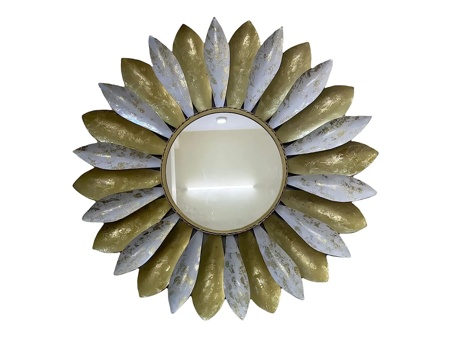 Ck Homez Metal Decorative Mirror Wall Mounted Hanging Mirror Sculpture Metal Flower Design Modern Art Mirror for Home Decor (White and Golden 34x34x2 Inch)