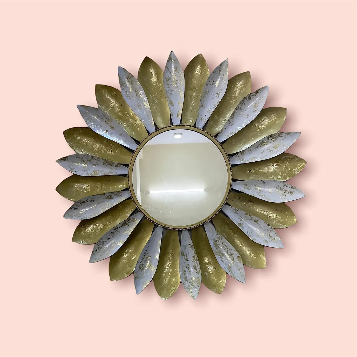 Ck Homez Metal Decorative Mirror Wall Mounted Hanging Mirror Sculpture Metal Flower Design Modern Art Mirror for Home Decor (White and Golden 34x34x2 Inch)