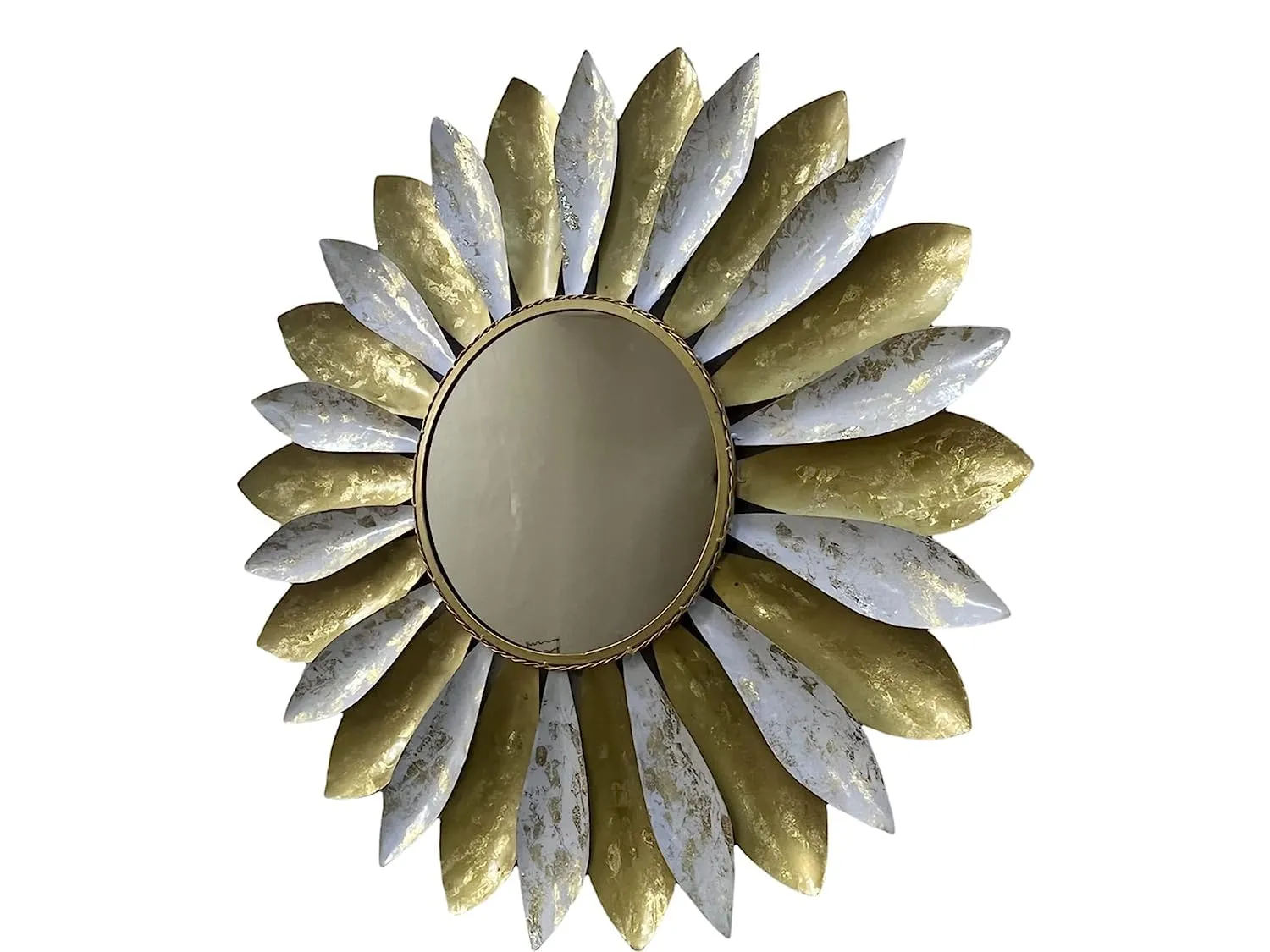 Ck Homez Metal Decorative Mirror Wall Mounted Hanging Mirror Sculpture Metal Flower Design Modern Art Mirror for Home Decor (White and Golden 34x34x2 Inch)