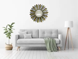 Ck Homez Metal Decorative Mirror Wall Mounted Hanging Mirror Sculpture Metal Flower Design Modern Art Mirror for Home Decor (White and Golden 34x34x2 Inch)