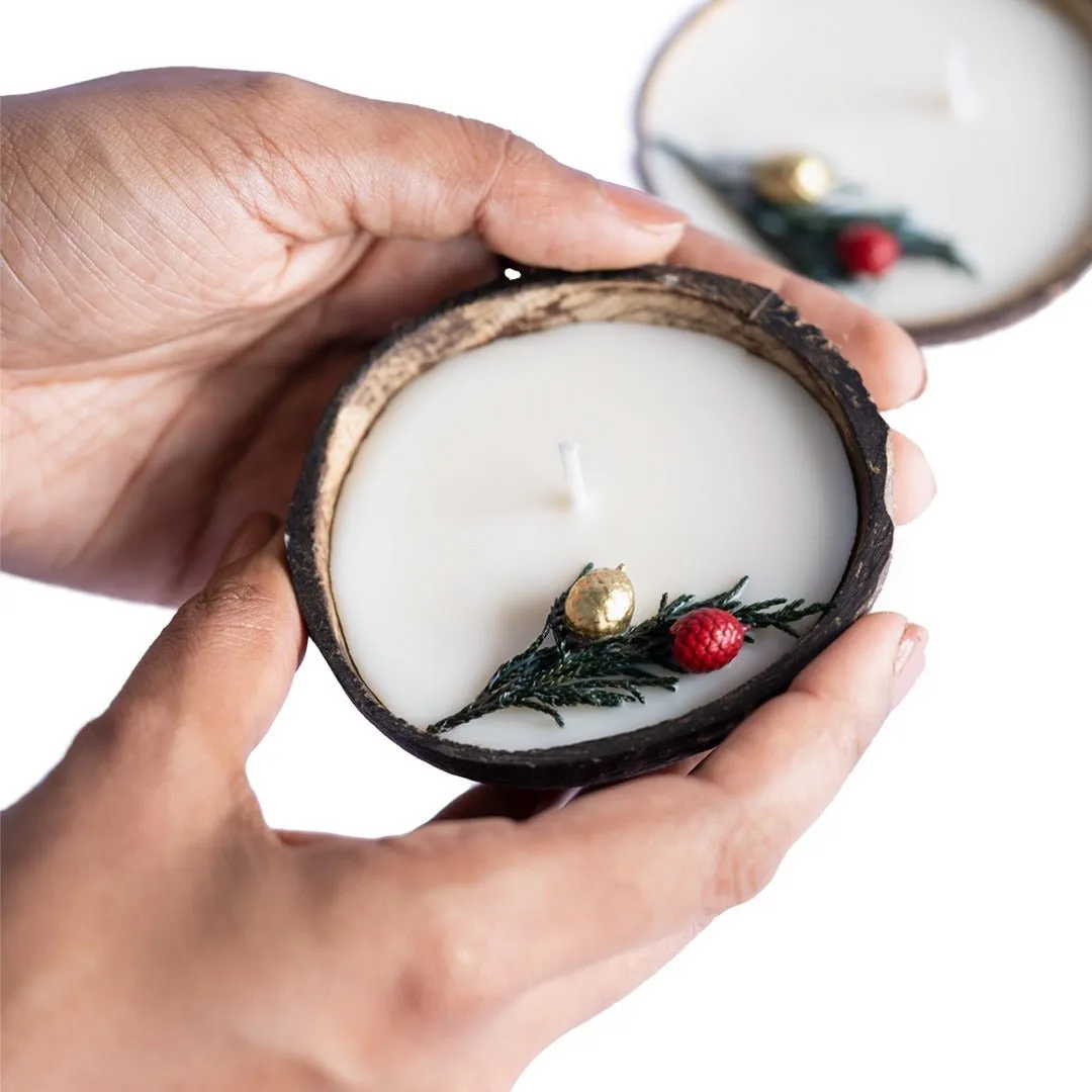 Coconut Shell Christmas Candle/Diya | Eco-Friendly Scented Soy Wax (Set of 2)