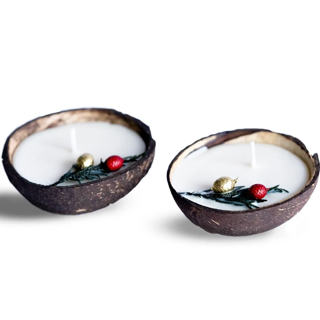 Coconut Shell Christmas Candle/Diya | Eco-Friendly Scented Soy Wax (Set of 2)