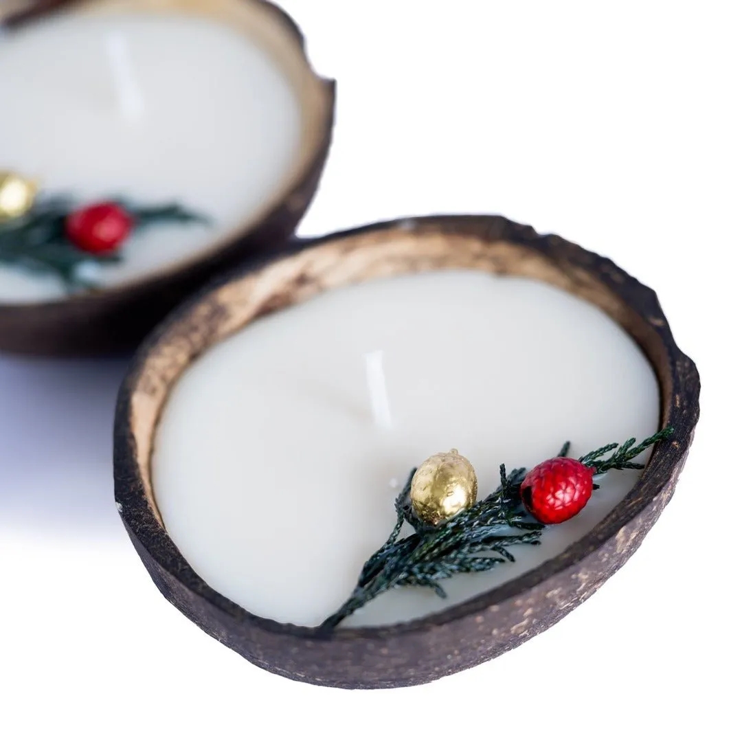 Coconut Shell Christmas Candle/Diya | Eco-Friendly Scented Soy Wax (Set of 2)