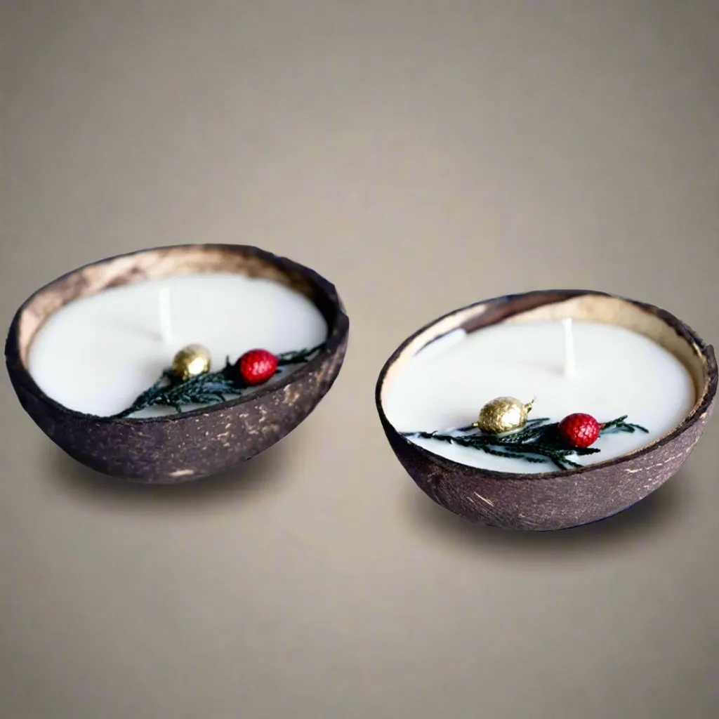 Coconut Shell Christmas Candle/Diya | Eco-Friendly Scented Soy Wax (Set of 2)