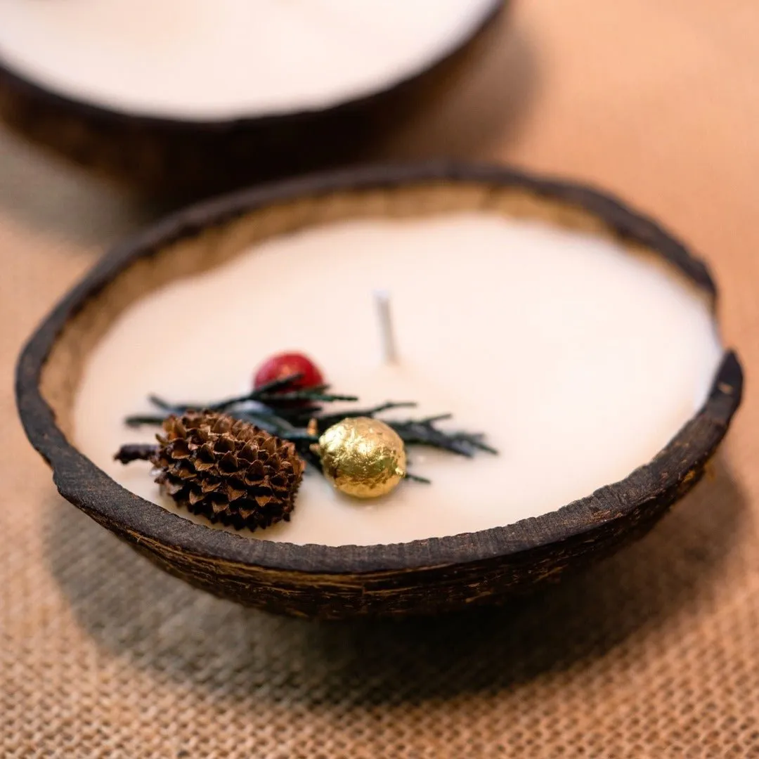 Coconut Shell Christmas Candle/Diya | Eco-Friendly Scented Soy Wax (Set of 2)