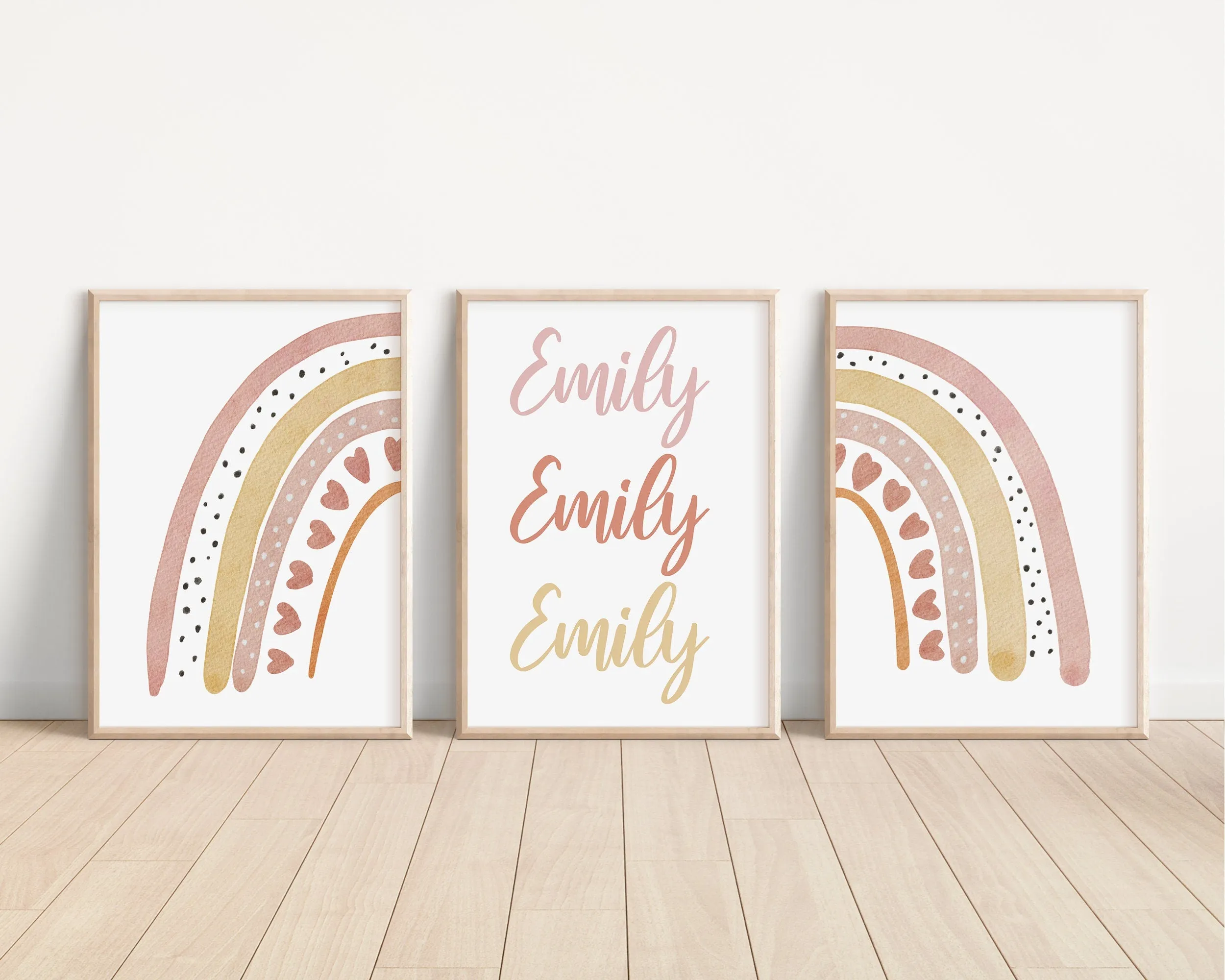 Custom Boho Rainbow Set of 3 Nursery Art Prints, Rainbow Nursery Wall Art, Personalized, Neutral Nursery Decor, Play Room, Girl Baby, 015