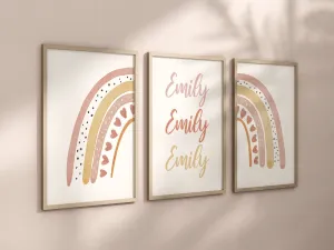 Custom Boho Rainbow Set of 3 Nursery Art Prints, Rainbow Nursery Wall Art, Personalized, Neutral Nursery Decor, Play Room, Girl Baby, 015