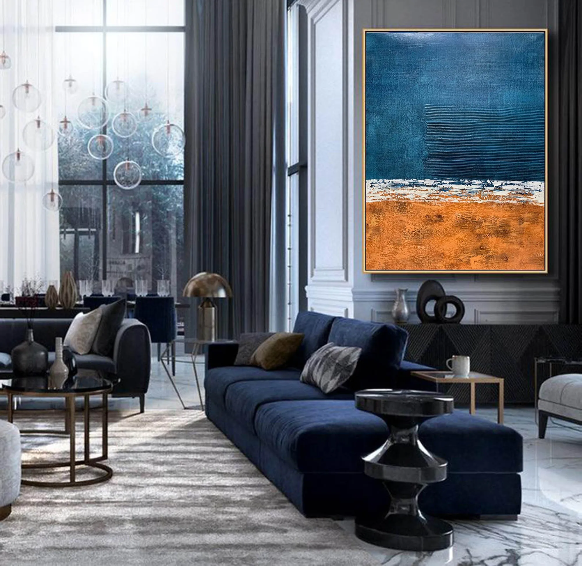 Deep Blue Orange Abstract Painting Textured Wall Art Np117